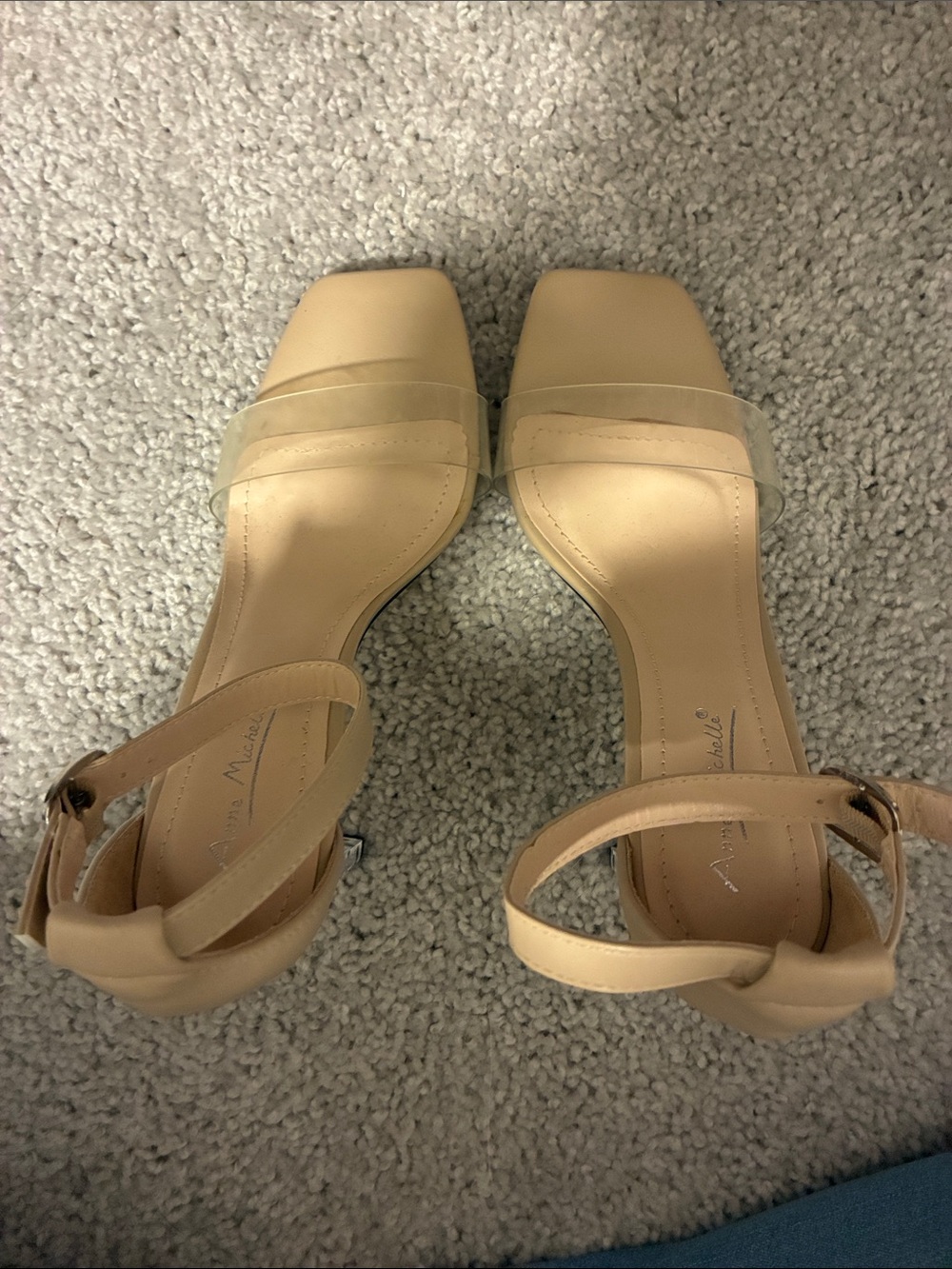 Anne Michelle Nude Block Heel Sandals with Clear Toe Strap